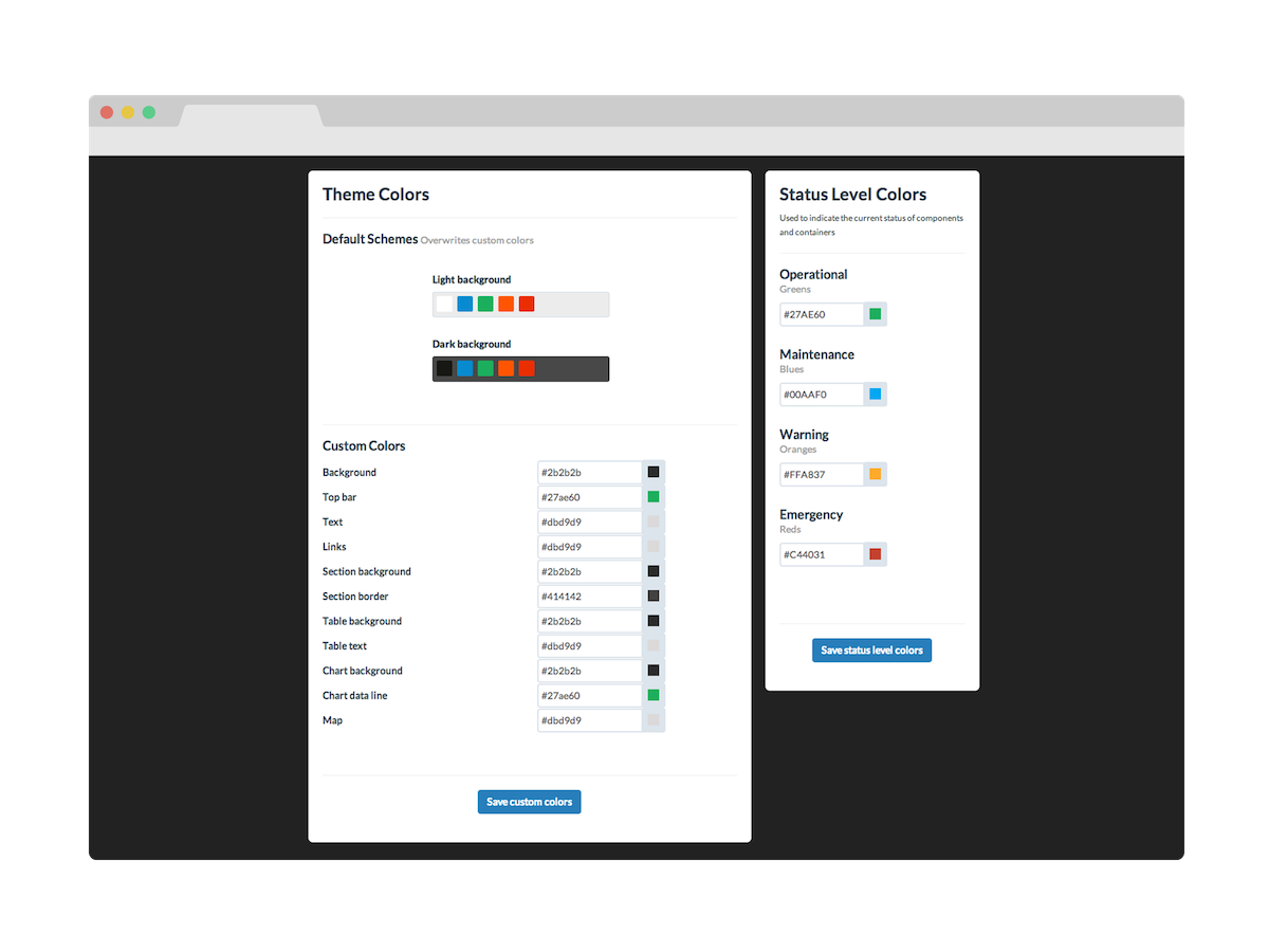 Customizable status pages showing design tools and color options