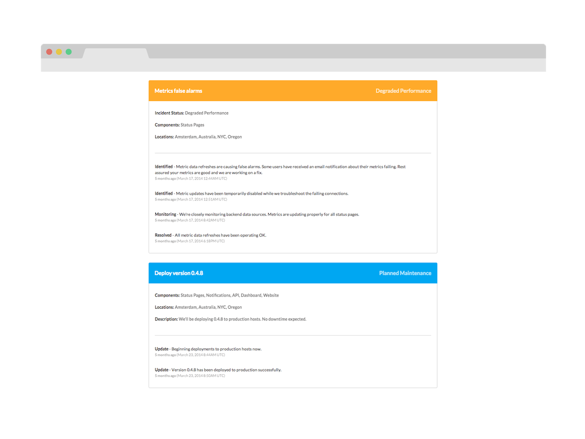 Status page showing incident management and planned maintenance scheduling interface
