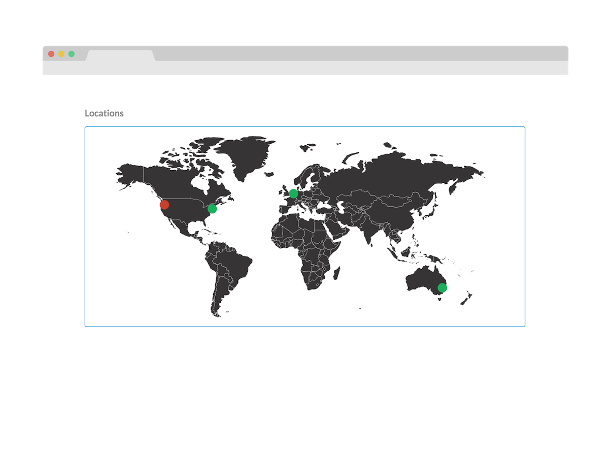 Status page location map showing geographic containers and components